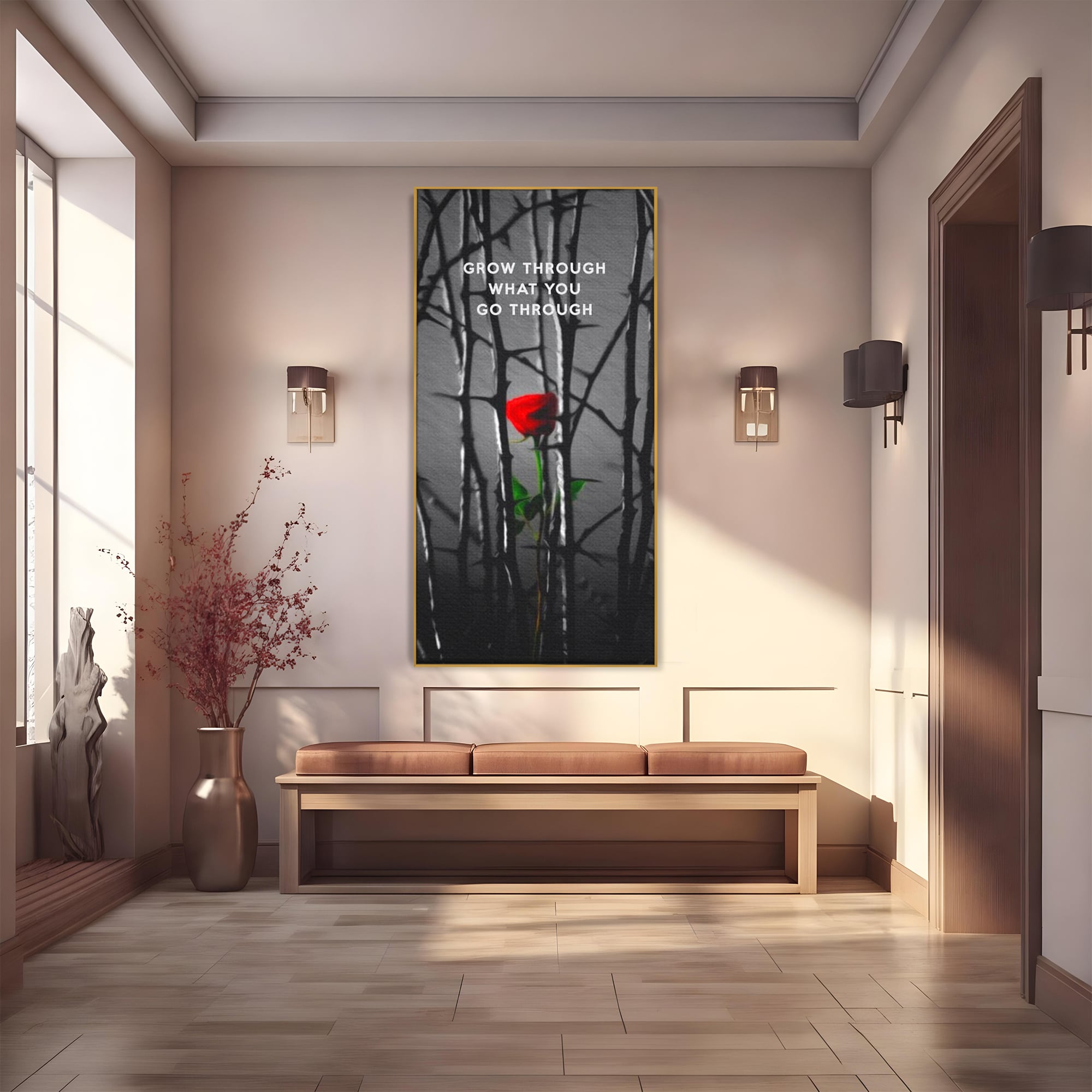 Tablou canvas cu tablou motivational cu trandafir rosu si spini, in rama de aluminiu auriu
